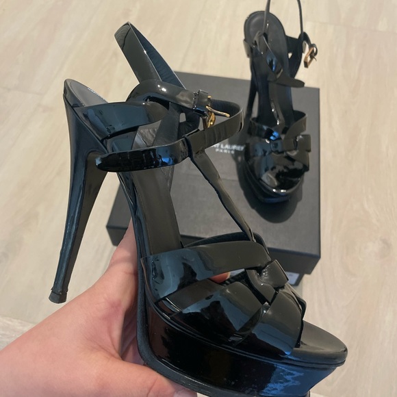 Yves Saint Laurent Shoes - YSL black Patent Leather Platform Sandals size 8
